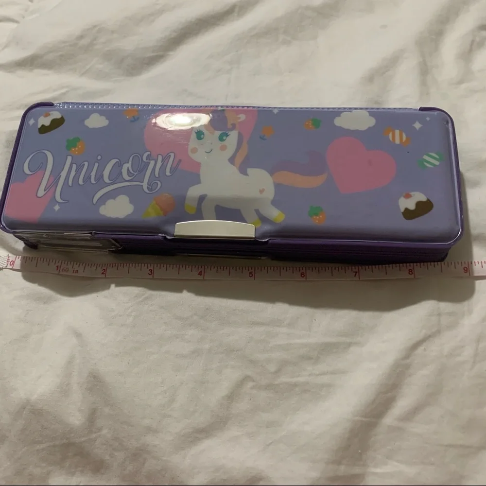 Y2K Inspired Purple Unicorn Double-Sided Hard Pencil Case with Sharpener